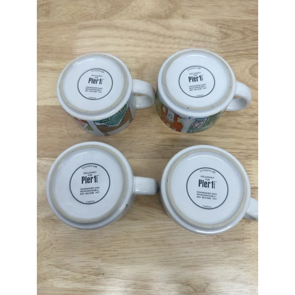 Set of‎ 4 PIER 1 Christmas Stackable Stoneware Mugs Village scene Vintage #25